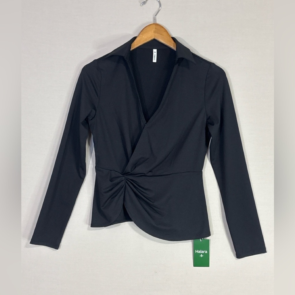 Halara NWT Black Twist Front Peplum Top Sculpted Waist Chic Stretch